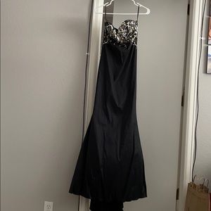Black prom dress with silver and gold jewels